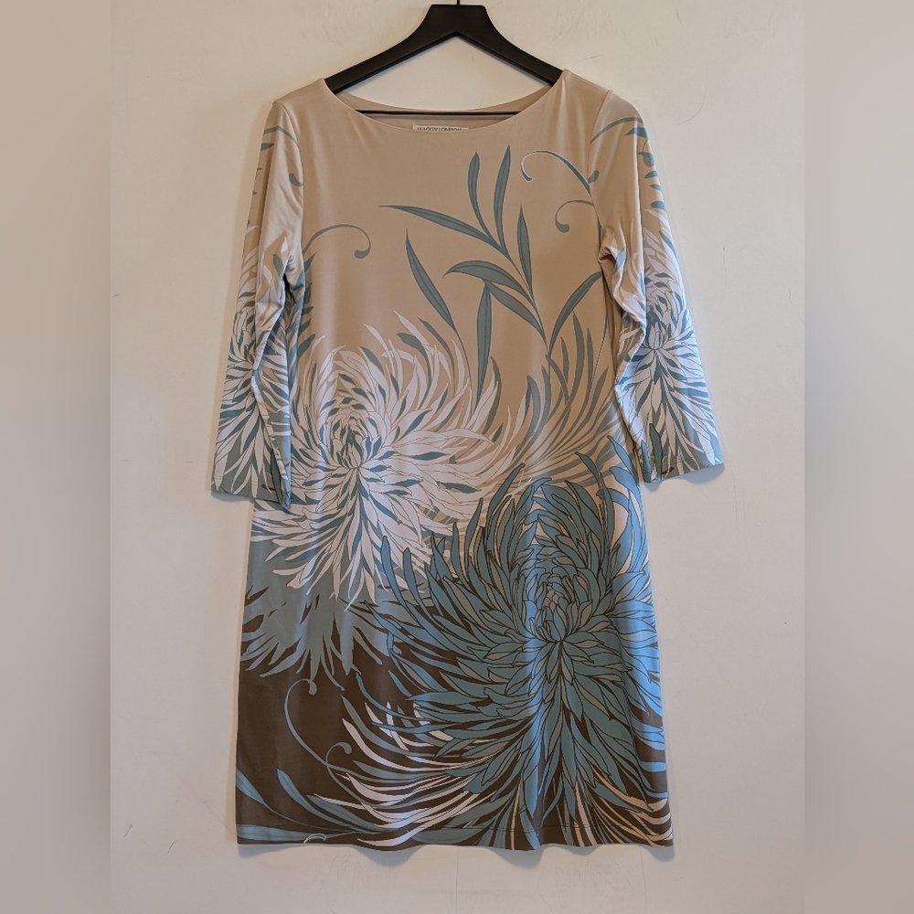 Maggy London Floral Sheath Dress Size 10 Long Sleeve Beige Blue Stretch Dress